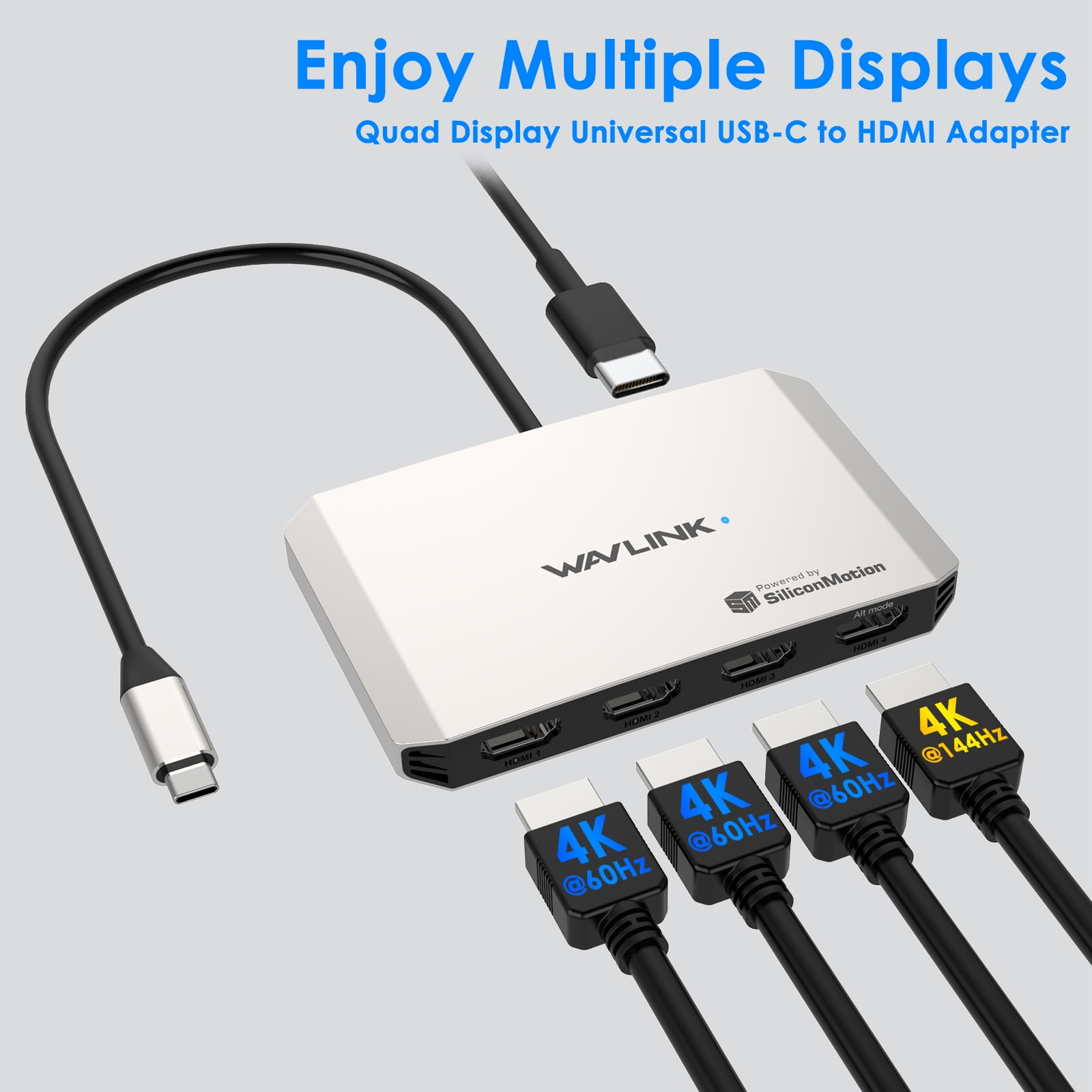 WAVLINK USB-C to Quad HDMI Adapter, 4K USB-C Adapter, Support PD In 140W Out 130W, Compatible with MacBook Neo Windows, macOS, Chrome OS, Linux and Android