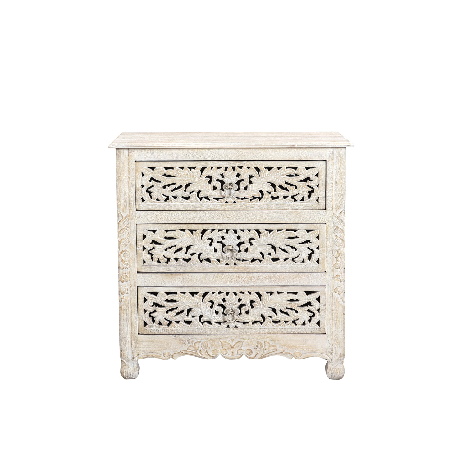 Taran Designs Monte Floral Carved Solid Wood 3-Drawers Nightstand in White