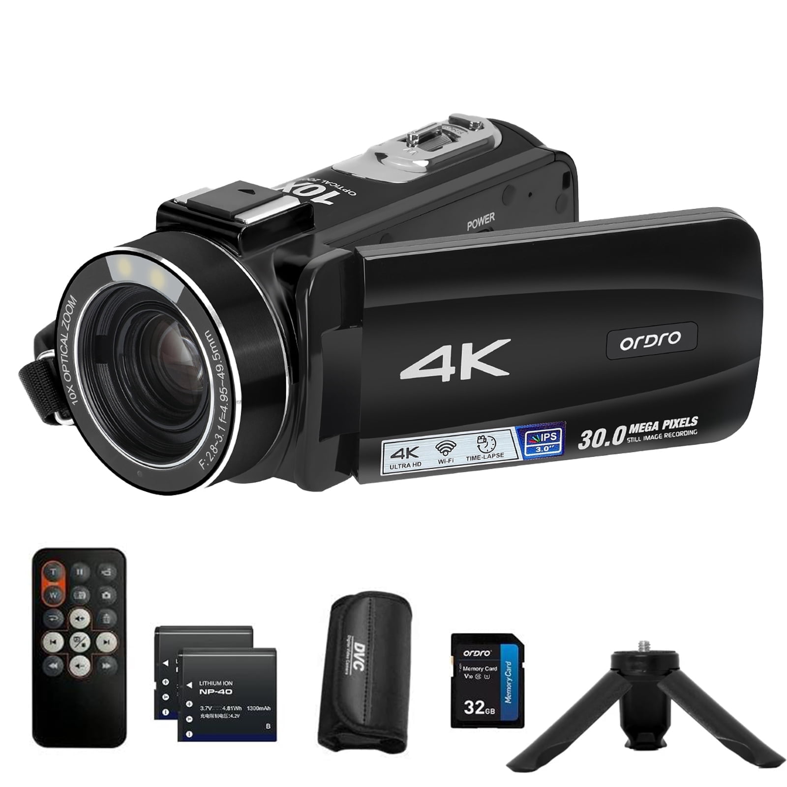 ORDRO Video Camera 4K Digital Camcorder 10X Optical Zoom 30MP Vlog Camera for YouTube Photography