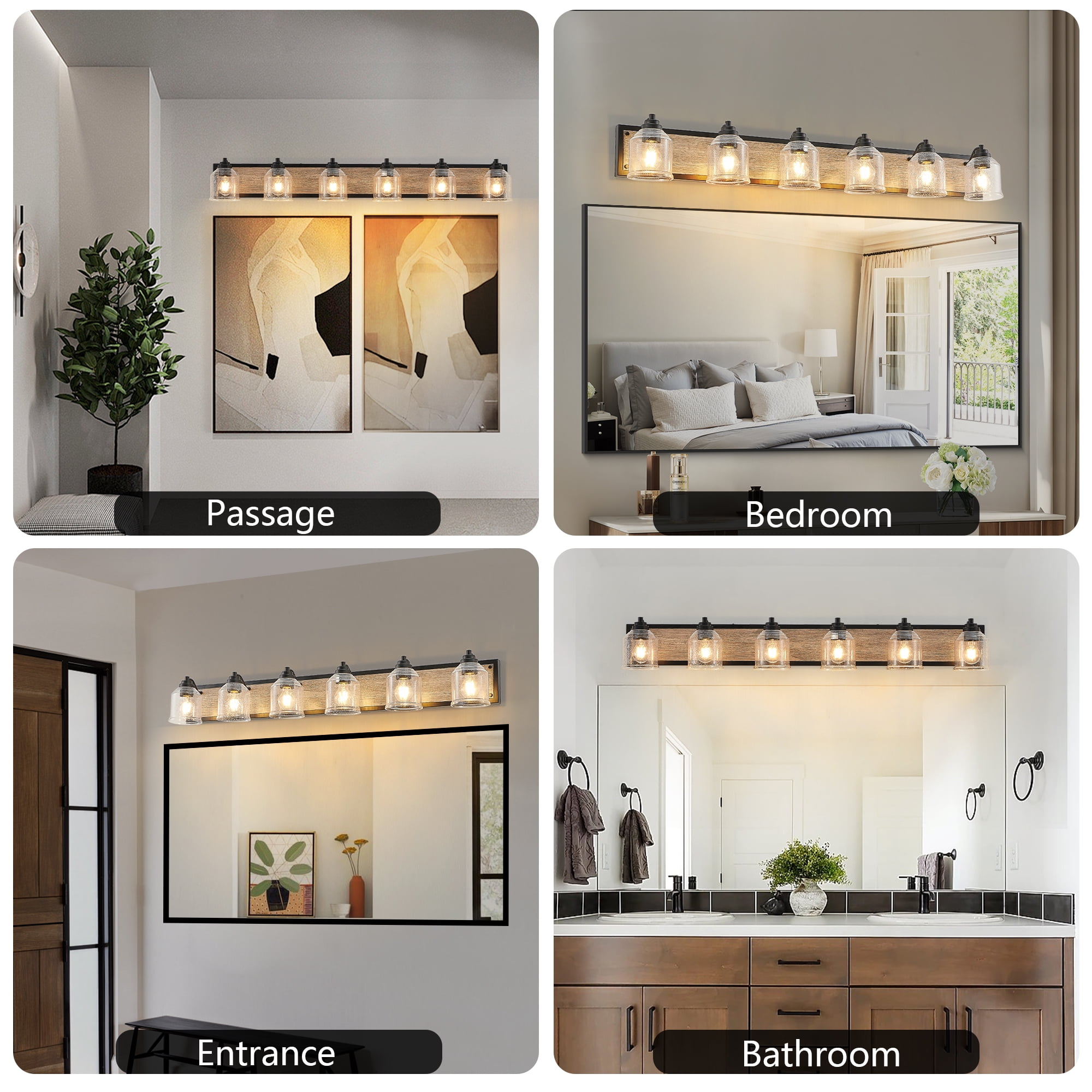 6-Light Farmhouse Bathroom Vanity Light, Brown Metal Vanity Light with Glass Shades,Rustic Wall Sconce Lighting Fixtures Over Mirror for Barhroom,Kitchen 48.5in
