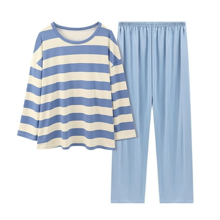 

Women s Sleepwear Womens Comfortable Stripe Gradient Solid Color Imitation Cotton Pajamas Women s Casual Loose Long Sleeve Trousers Suit Womens Pajama Sets