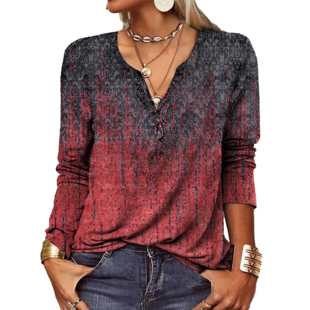 Blusa de manga larga,Blusa informal con cuello en V y muescas para mujer Top estampado para mujer Top de línea