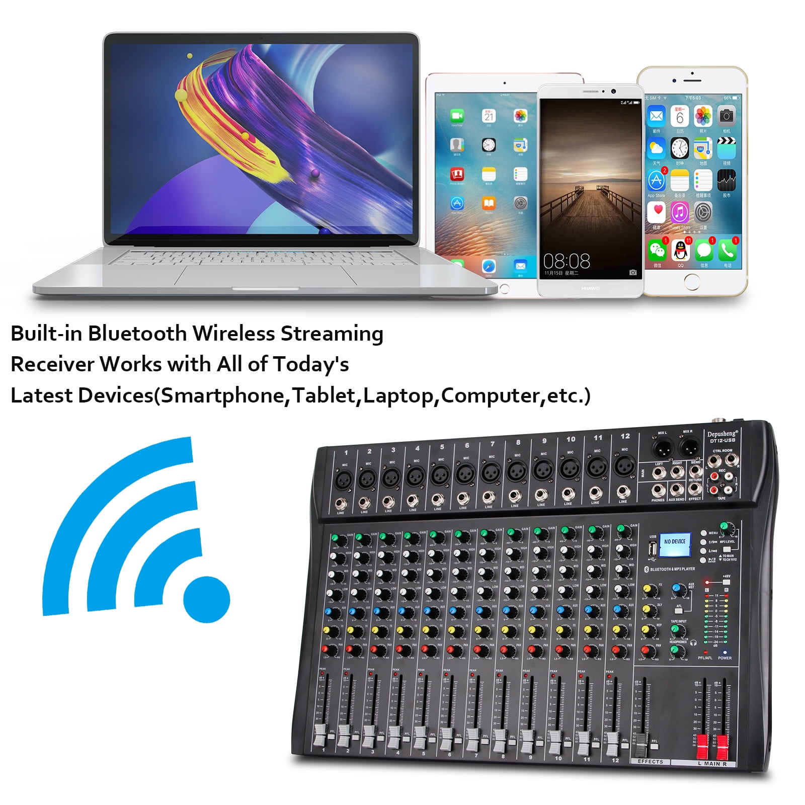 Depusheng DT12 Professional Audio Mixer 12 Channel DJ Sound Controller Interface w/USB Drive for Computer Recording Input, XLR Microphone Jack, 48V Power, RCA Input/Output