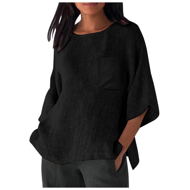 Hauts de Printemps pour Femmes Élégants avec Manches 3/4 et Col Rond en T-Shirts Unis Confortables pour Femmes Noir P