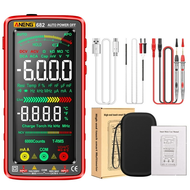Multímetros 682 6000 Counts Multímetro digital LCD grande Smart Anti-burn Recargable Medidor universal VA Reverse Screen NCV Tester con linterna para voltaje Resistencia de corriente Capacitancia Temp ANENG Multímetros