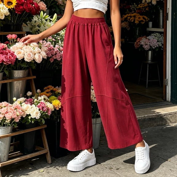 Blmnix Linen Pants Pants for Women Palazzo Flowy Pants Pants Wide Leg High Waisted Full Red Loose Casual Pants for Women,M