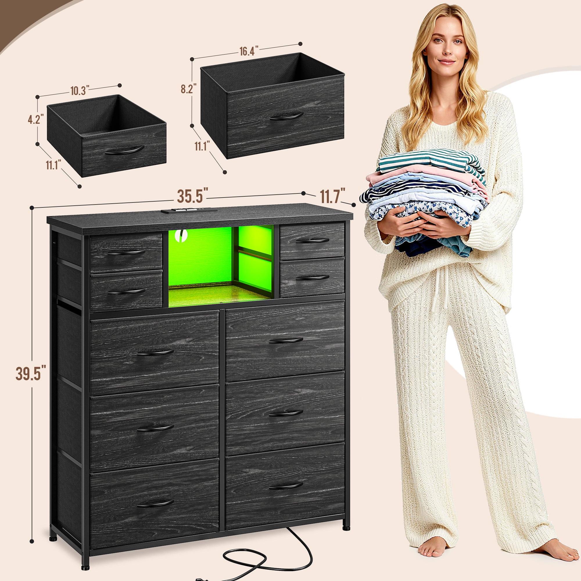 Romorgniz Tall Dresser for Bedroom with 10 Drawers Featuring LED Lights & Power Outlet Fabric Dressers & Chest of Drawers with Open Shelves, Black