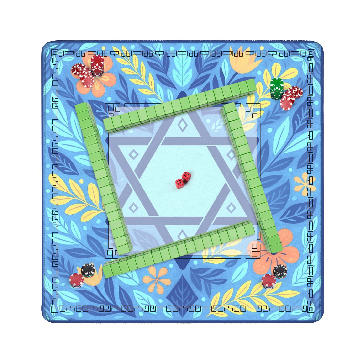 Mahjong Mat 31.5" x 31.5" Floral Design Blue Yellow Accents Anti-Slip and Noise Reduction Symmetry Design Mahjong Tiles Table Cover for Dominoes Poker Card Board and Tile Games