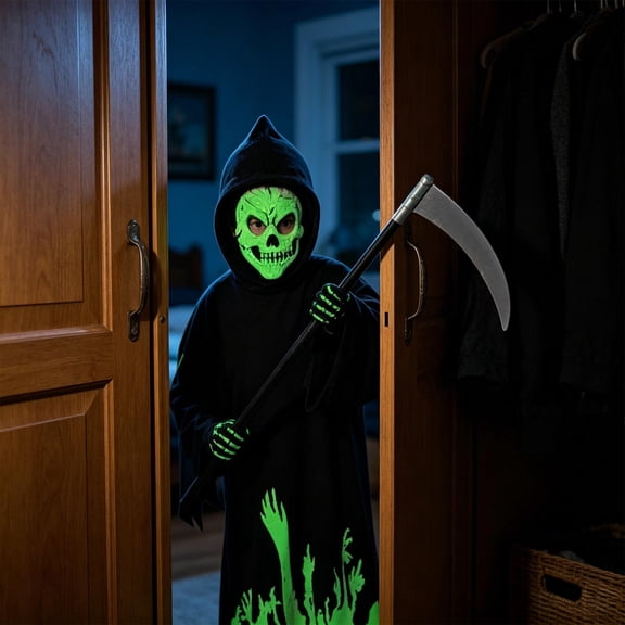 Grim Reaper Costume for Kids, Classic Black Halloween Cloak and Hood Outfit, Spooky Role Play Cosplay Dress for Boys and Girls 4-8 Years Old
