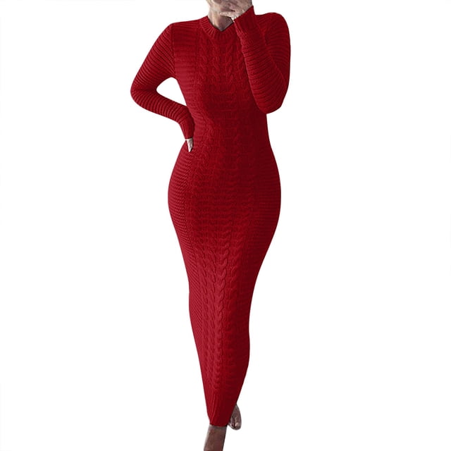 WTXUE Robe à Manches Longues, Robe Chandail d'Automne et d'Hiver à Manches Longues en Laine, Robe en Lin, Robes Rouges pour Femmes, Rouge Foncé TG