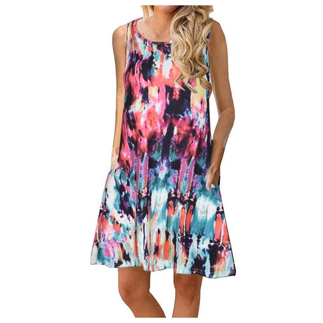 Elegante mujer sin mangas Rounk cuello verano cómodo bolsillos de impresión Casual vestido de tanque suelto