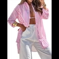 thumbnail image 3 of Camisas de Mujer con Botones, Blusas Casuales de Larga con Cuello Alto y Estilo Boyfriend Rayas Rosas M, 3 of 8