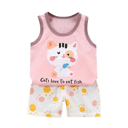 

Odeerbi Toddler Cute Outfits Kids Baby Boys Girls Fashion Sleeveless Vest Shorts Cartoon Print Casual Suit Pink