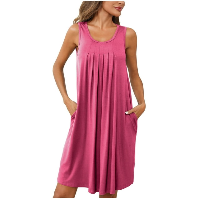 Pisexur Robe d'Été pour Femme, Mode, Plissée, Robe de Plage Décontractée Sans Manches, Couleur Unie, Débardeur Ample, Robe Soleil avec Poche
