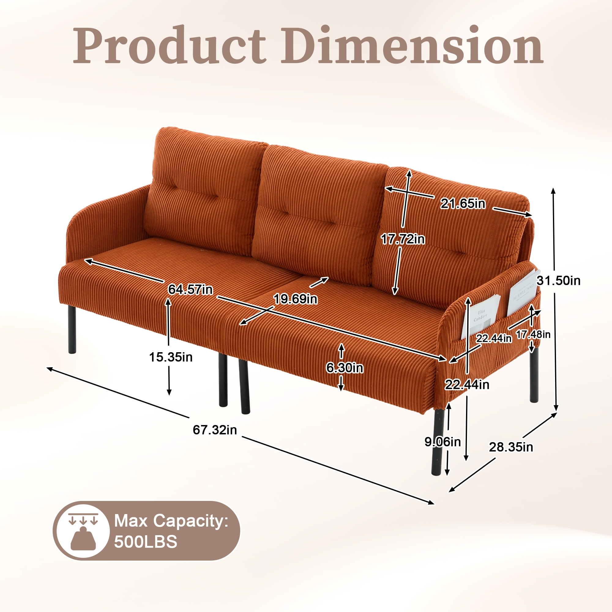 Jopath Oversized Loveseat, Double-Seater Sofa Cozy Bedroom Sofa with Metal Legs and Side Pockets for Living Room Bedroom Dorm Apartment Orange
