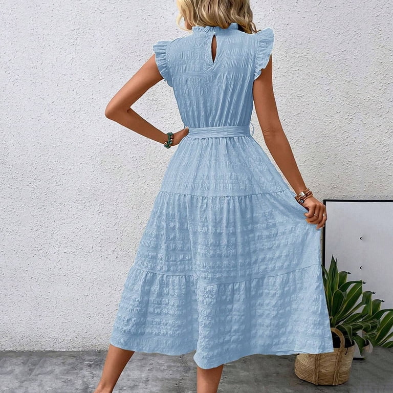 Timegard Summer Dresses for Women Ruffle Half Neck Cap Sleeve Belt