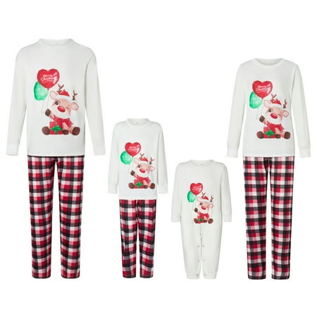 

Dewadbow Family Matching Christmas Pajamas Set Outfits Long Sleeve Elk Printed Tops Plaid Pants Sleepwear