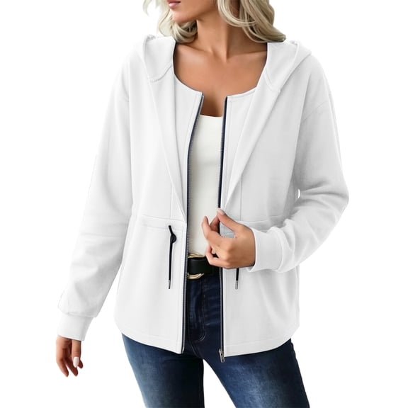 Ozmmyan Womens Zip Up Hooded Jacket Drawstring Waist Long Sleeve Lightweight Casual Sweatshirt Coat Fall Winter Outerwear