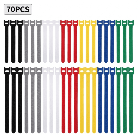 Zip Ties, 70 Pack Reusable Hook and Loop Cable Management Ties, 6 Inch and 8 Inch T-Type Nylon Wire Organizer, Self-Adhesive Cable Tie Buckle Straps for Electronics, Home, Office, PC Power Cord Organ