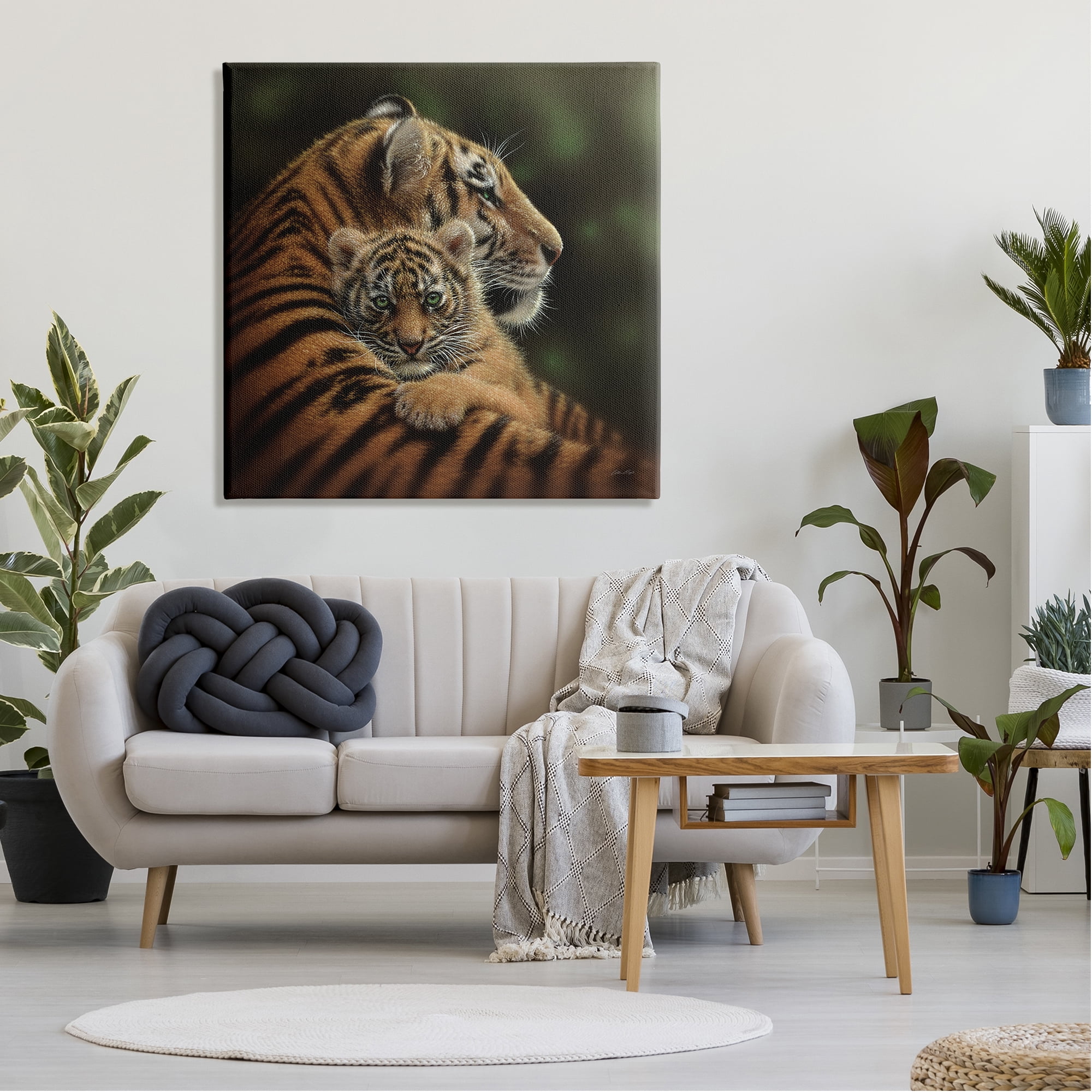 Stupell Industries Adorable Sweet Mom Tiger Holding Baby Cub Detailed Portrait Paintings Gallery-Wrapped Canvas Print Wall Art, 36x36, by Collin Bogle