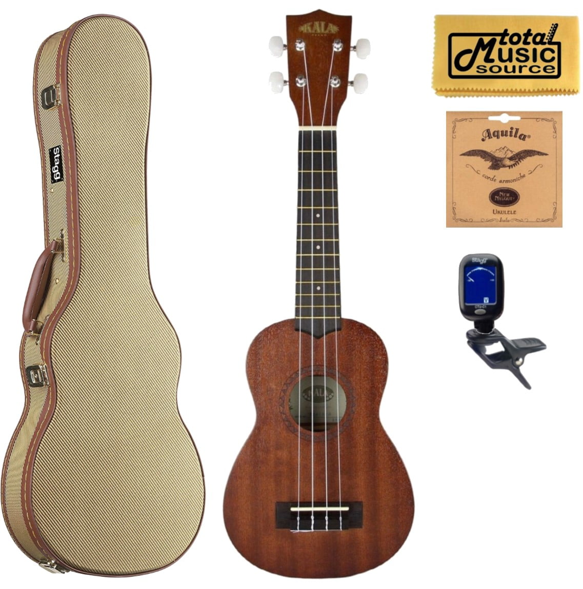 Kala KA-15S Mahogany Soprano Ukulele Bundle with Hard Case,Tuner