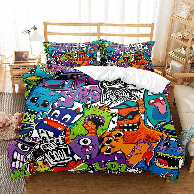 3Piece Graffiti Pattern Bedding Comforter Sets Full Size Breathable