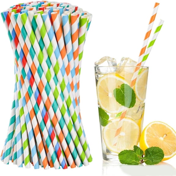 100 Pack Striped Plastic Drinking Straws, Disposable Colorful Straws for Coffee, Cocktail, Lemonade, Weddings, Birthdays, Party Decorations Supplies