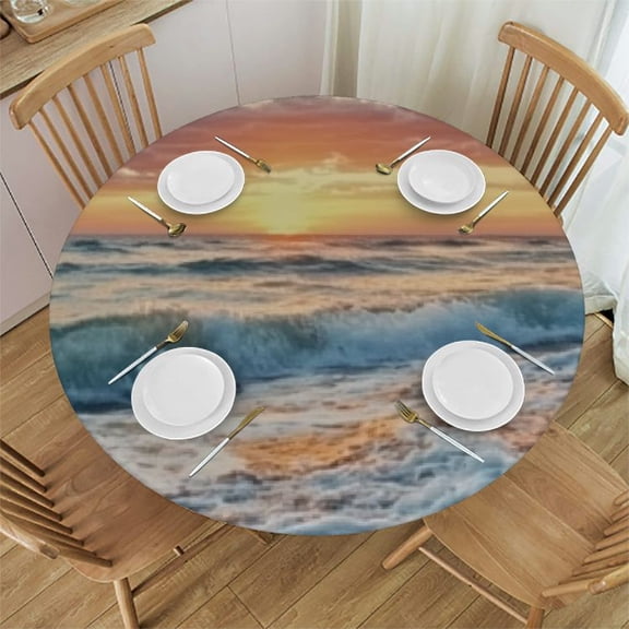 Summer Beach Sunrise Round Fitted Table Cloth with Elastic Edge Waterproof Vinyl Tablecloths Wipeable Circle Table