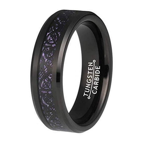 Wedding Ring Women or Unisex 6mm Black Celtic Tungsten Band w/ Purple Inlay