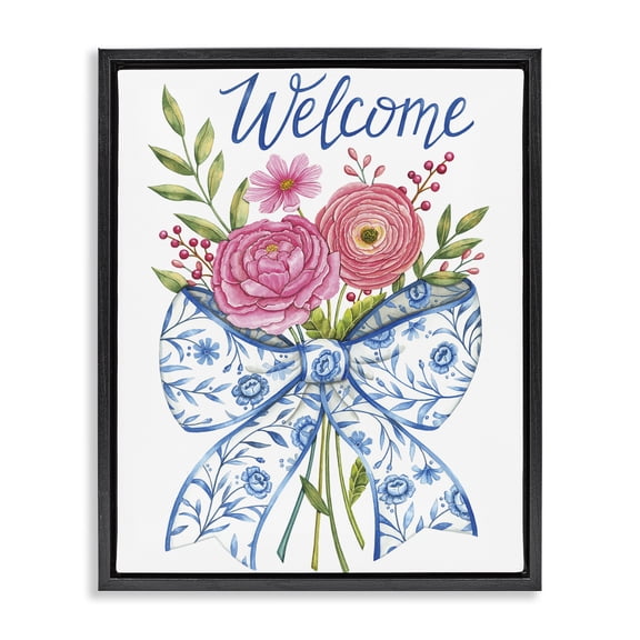 Stupell Industries Bow & Flowers Welcome Black Framed Floater Canvas Wall Art, design by Deb Strain