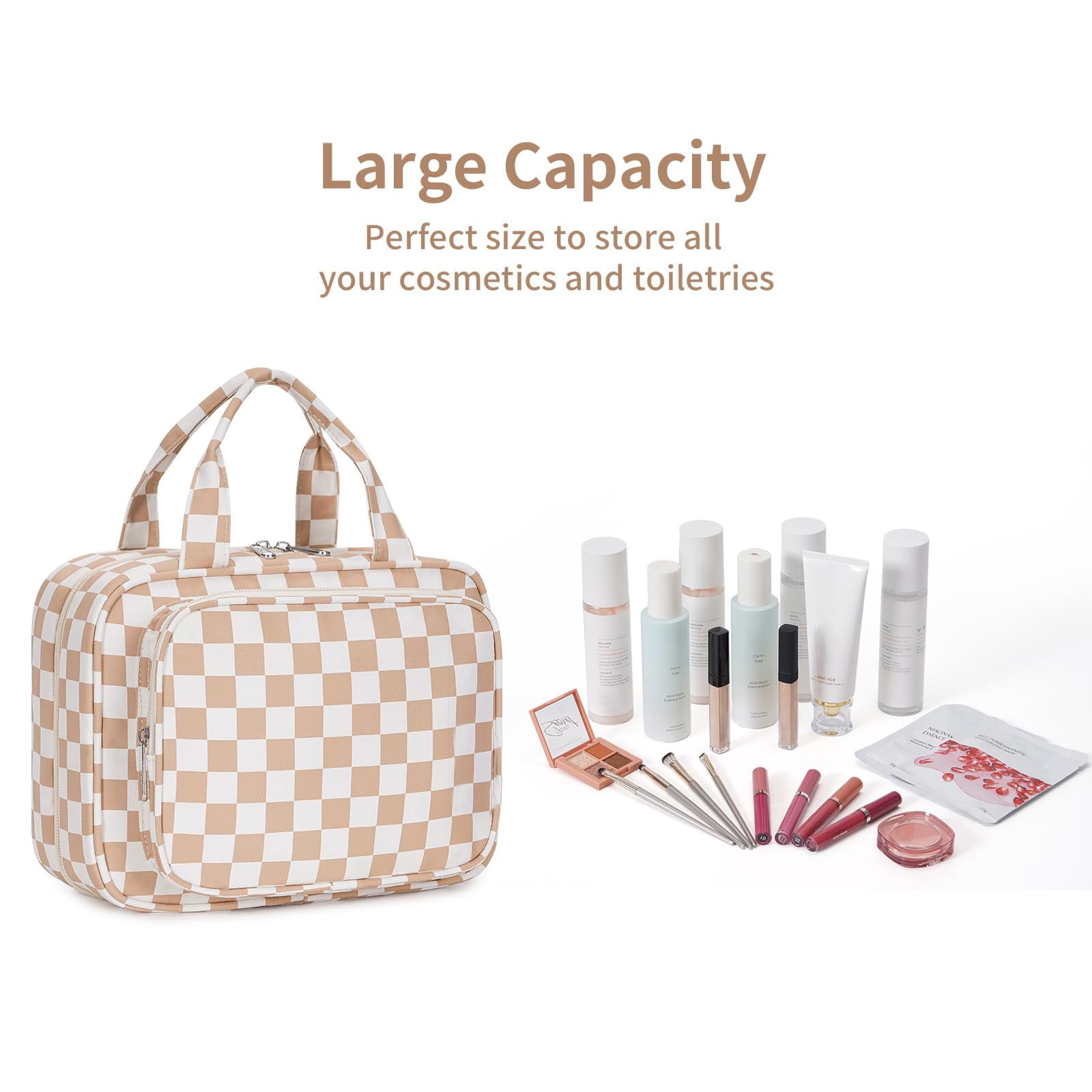 Checkerboard Hanging Travel Toiletry Bag with Hook, Makeup Bags for Women Cosmetic Organizer Toiletries for Brush Shampoo Travel Essentials, Brown