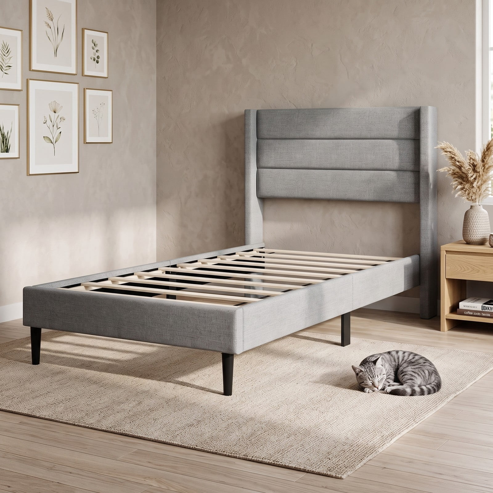 Furnibear Twin Bed Frame Linen Upholstered Platform Bed with Wingback Channel Headboard, Wood Slat Support No Box Spring Needed, Gray