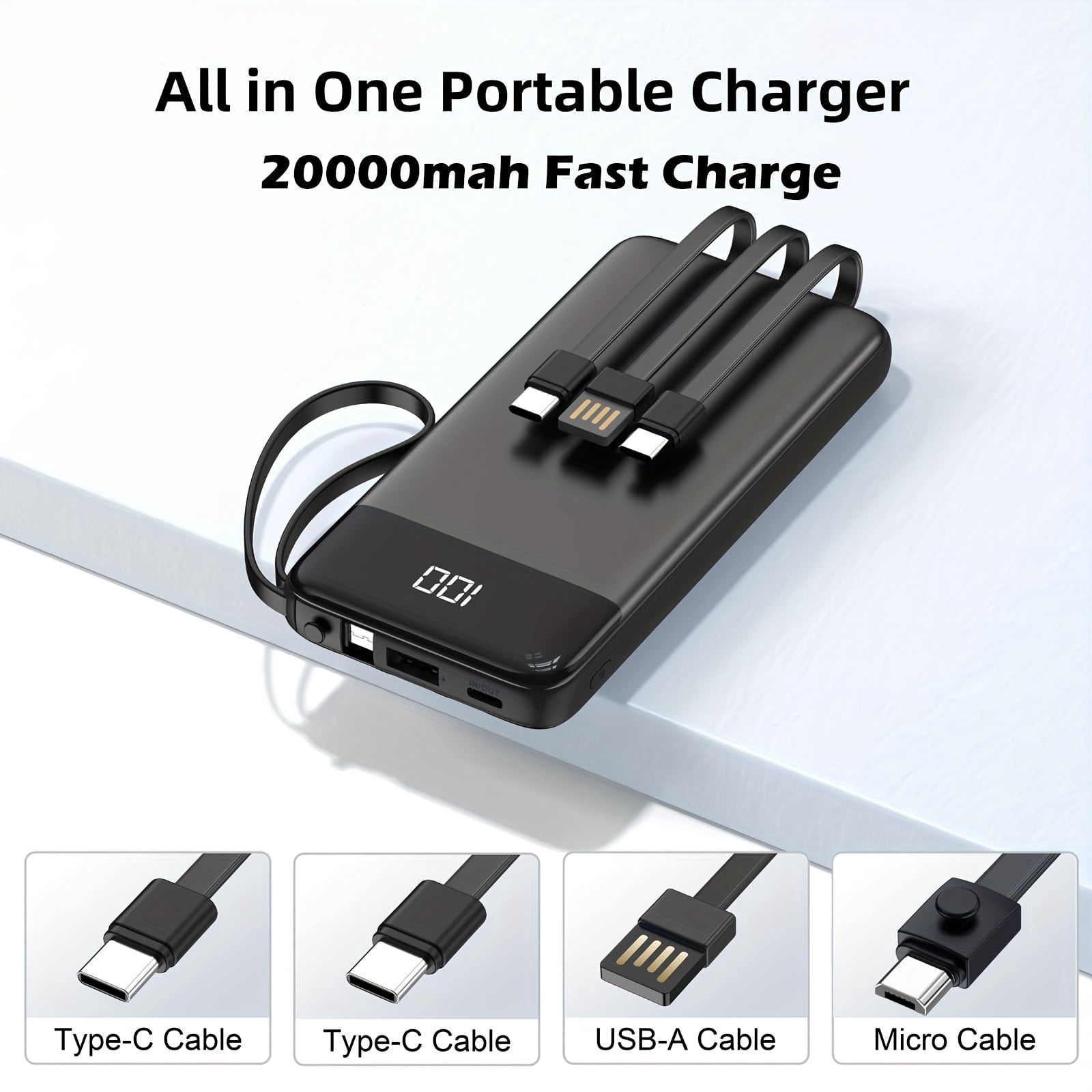 [Fast Charging | Portable] 20000mAh 20W Fast Charging Power Bank | Portable Charger with Built-in Cables | USB C Battery Pack for All Phones, Tablets