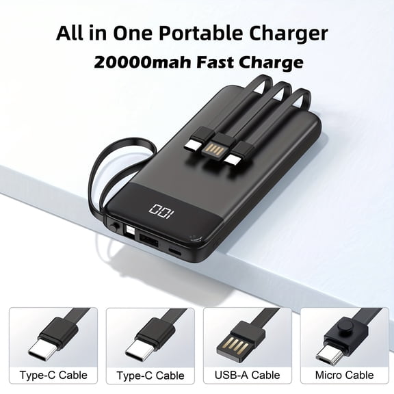Super Capacity Power Pack with LED Display, OSAIV 20000mAh Battery Bank with 20W Fast Charging & 5-in-1 Output, Portable Charger Compatible with iPhone 17/16/15/14/13/12 Series and Android, Black