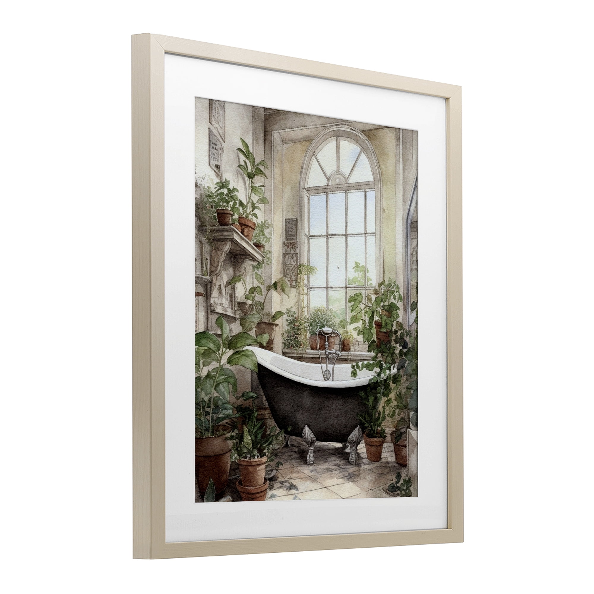 Vintage Sun Lit Bathtub Birch Framed Print Under Glass, design by Lettered and Lined