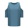 thumbnail image 5 of QUNYINEY Womens Spring Tops Cold Shoulder Casual Solid Crew Neck Blouses Cotton Linen Loose Short Sleeve Pullover Tops, 5 of 6