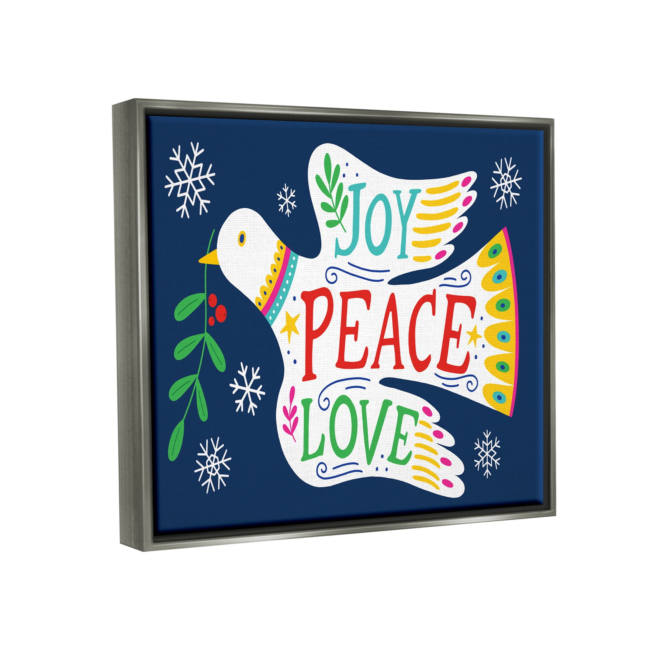 Joy Peace Love Dove Holly Sprig Holiday Graphic Art Luster Gray Framed Art Print Wall Art