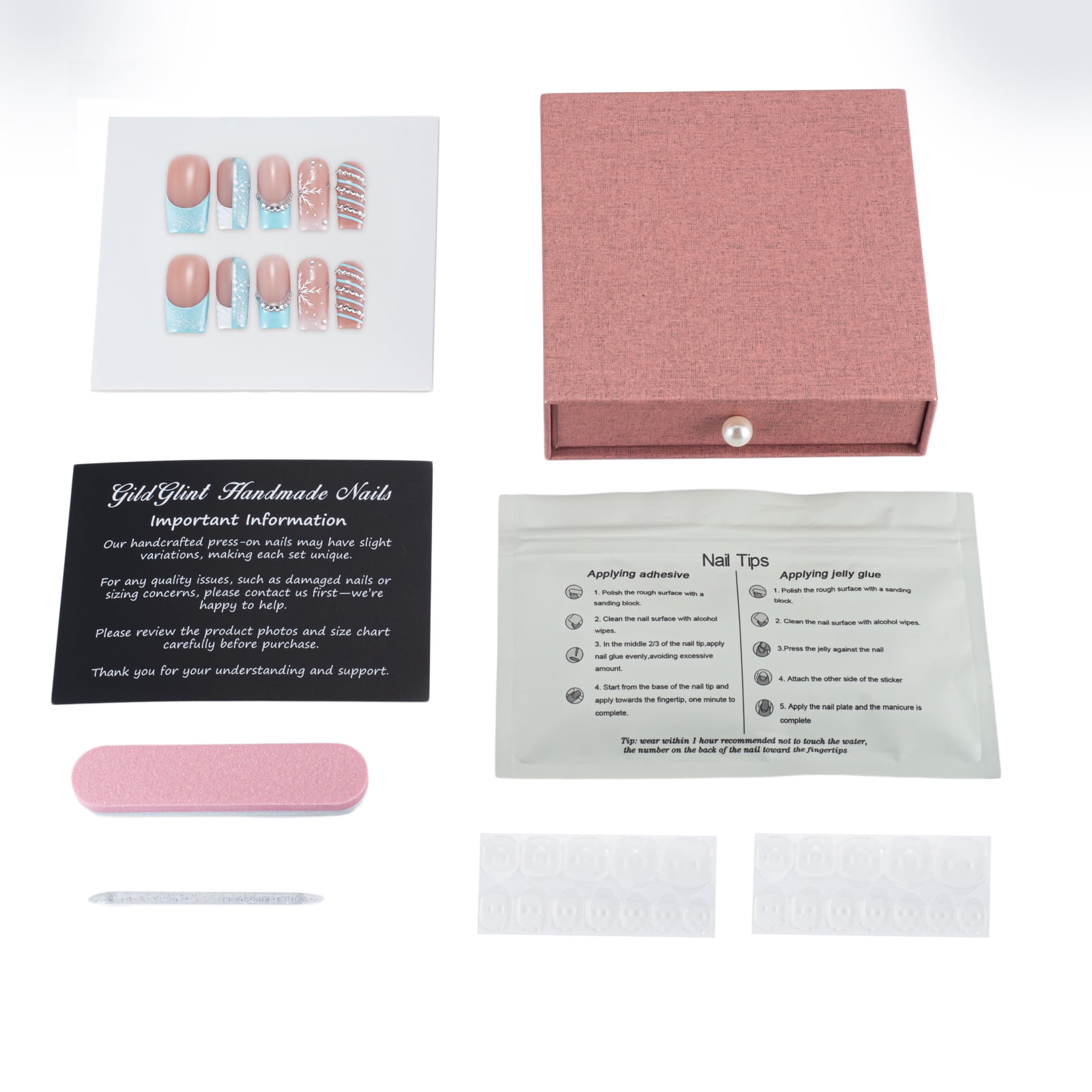 Wollet Icy Blue Snowfall Square Press-On Nails, Handcrafted Acrylic,10PCS Reusable