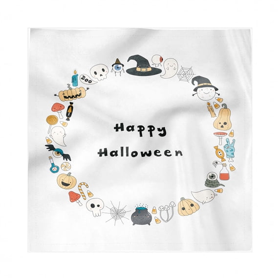Halloween Decorative Satin Napkins Set of 4, Happy Halloween Spooky Theme Pumpkin Ghosts Spider Web Line Drawing Circle Frame, Square Fabric Party & Dinner Napkin, 12", Multicolor, by Ambesonne
