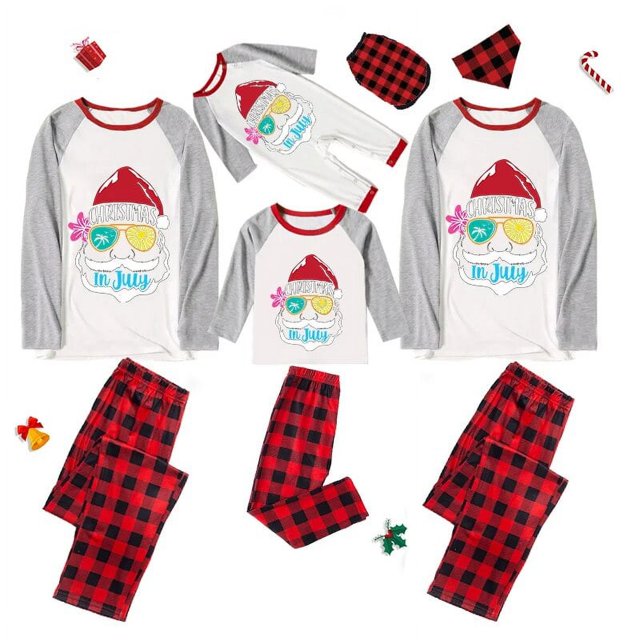 Pijamas familiares navideños a juego, conjuntos de pijamas a cuadros blancos y negros, Santa, gafas de sol, Navidad en julio