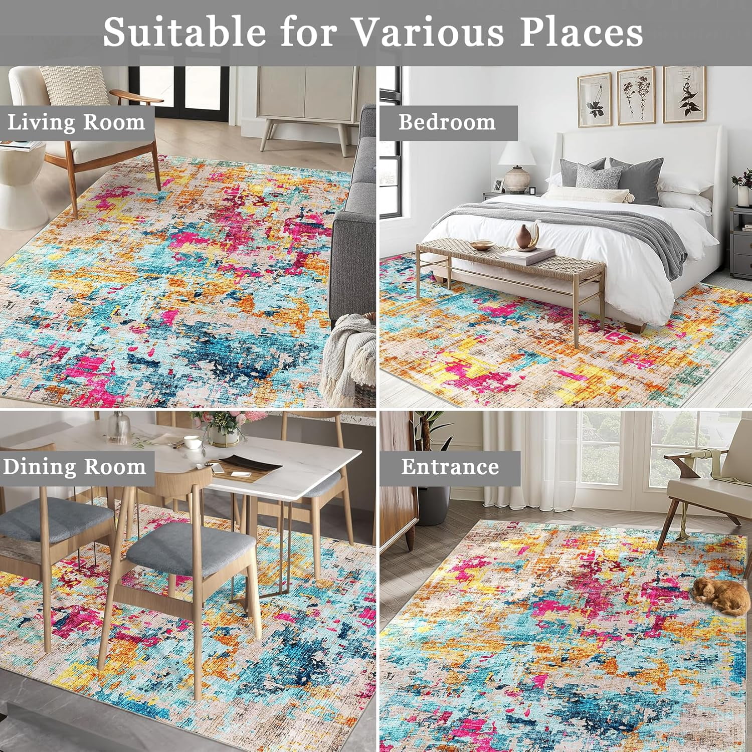 Colorful Abstract Area Rug, 5x7 Boho Washable Living Room Bedroom Rug Modern Non-Slip Non-Shedding Low Pile Area Rug Throw Rug for Dining Room Home (Colorful Multi, 5'x7')