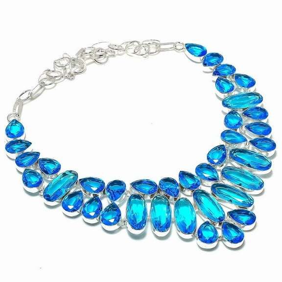 Natural Swiss Blue Topaz Gemstone 925 Sterling Silver Jewelry Necklace 18"