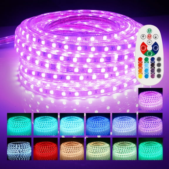 40 Ft LED Strip Light Remote Controller RGB Waterproof Rope Light Flexible Multi-color, 5050 SMD 60 LEDs/M AD 110V