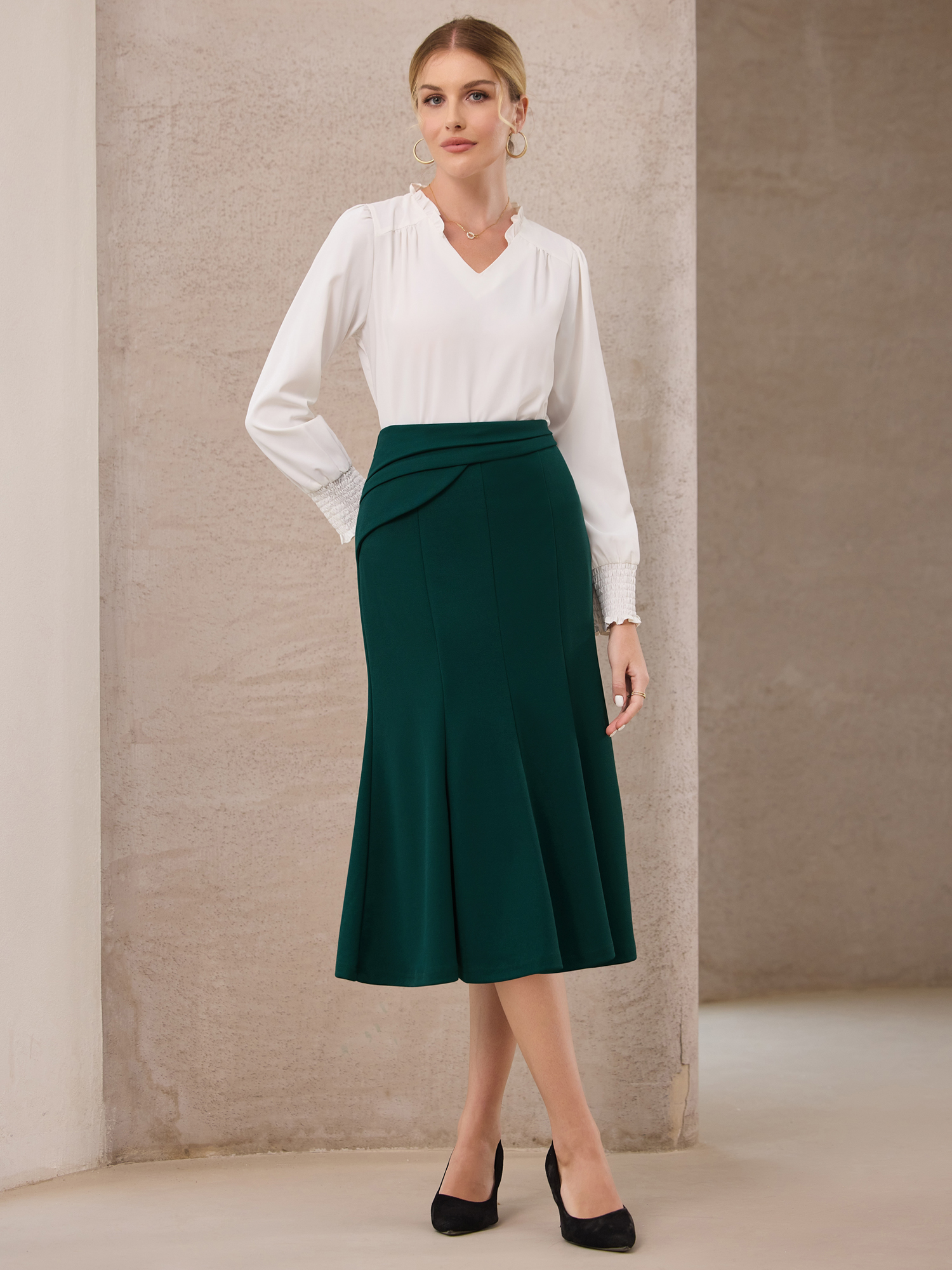DARING DIVA Women's High Elastic Waist Fishtails Midi Skirts for Work M Green Blue