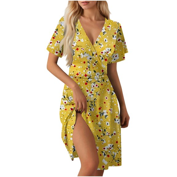Women Dresses for Special Occasions Summer Floral Print Elegant Deep V Neck Trendy Short Sleeve Dress Plus Size Ladies Skirt Party Elegant UK For Prom