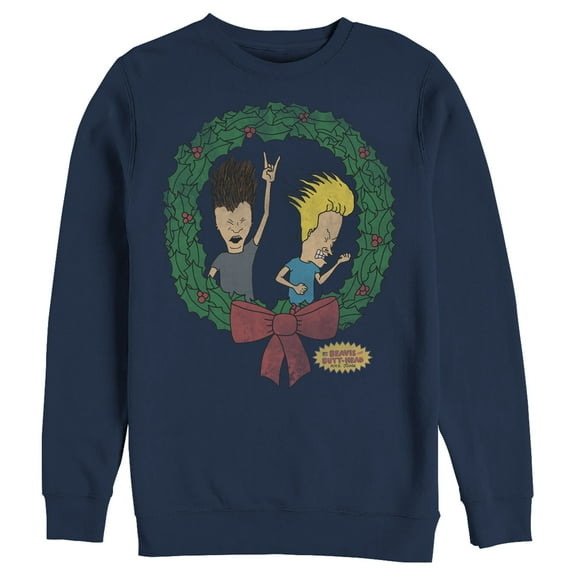 Men's Beavis and Butt-Head Christmas Rocker Wreath  Sweatshirt Navy Blue 2X Large