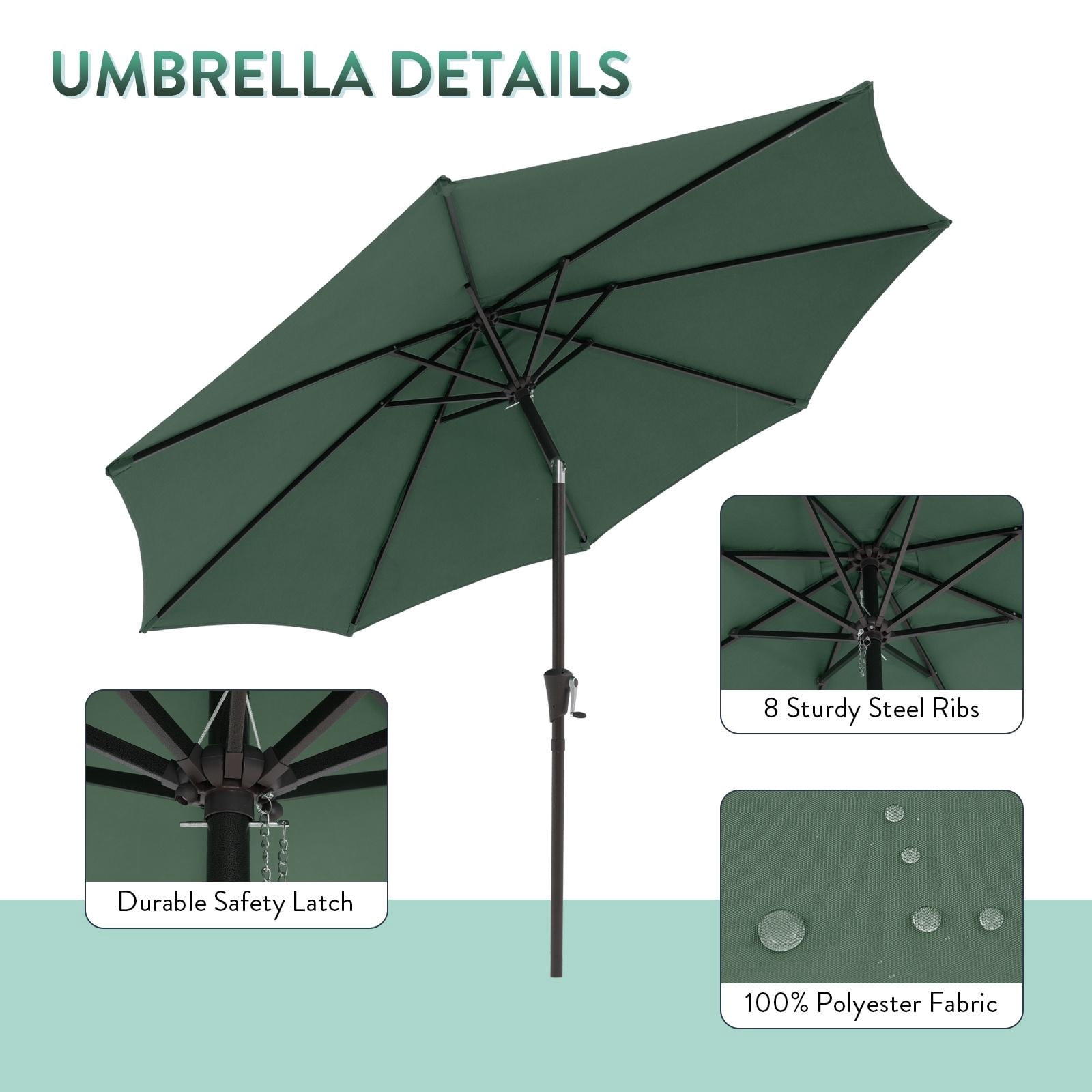 9 ft Patio Umbrella, Outdoor Table Market Umbrella with 8 Ribs and Push Button Tilt and Crank, for Garden Beach Deck, Dark Green