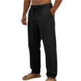 thumbnail image 3 of Migroa Men's Linen Pants Lightweight Drawstring Elastic Waist Pockets Loose Fit Straight Legs Summer Beach Vacation Yoga Trousers Black L, 3 of 7