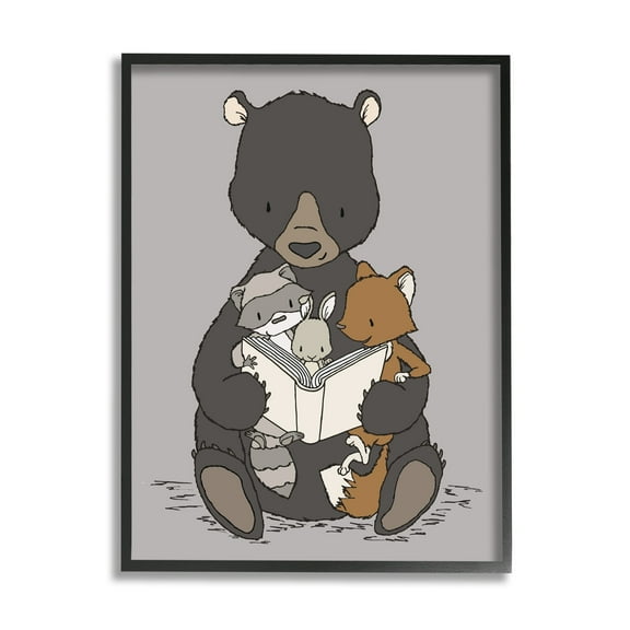 Stupell Industries Woodland Animals Family Bear Reading Book to Babies Graphic Art Black Framed Art Print Wall Art, Design by Sweet Melody Designs