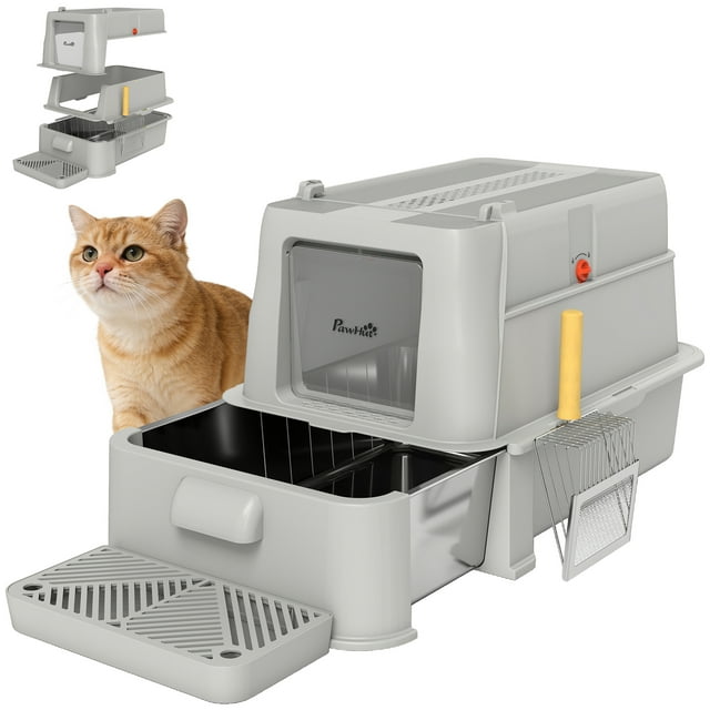 PawHut 80L Stainless Steel Cat Litter Box, XL Kitty Litter Box, Light Grey